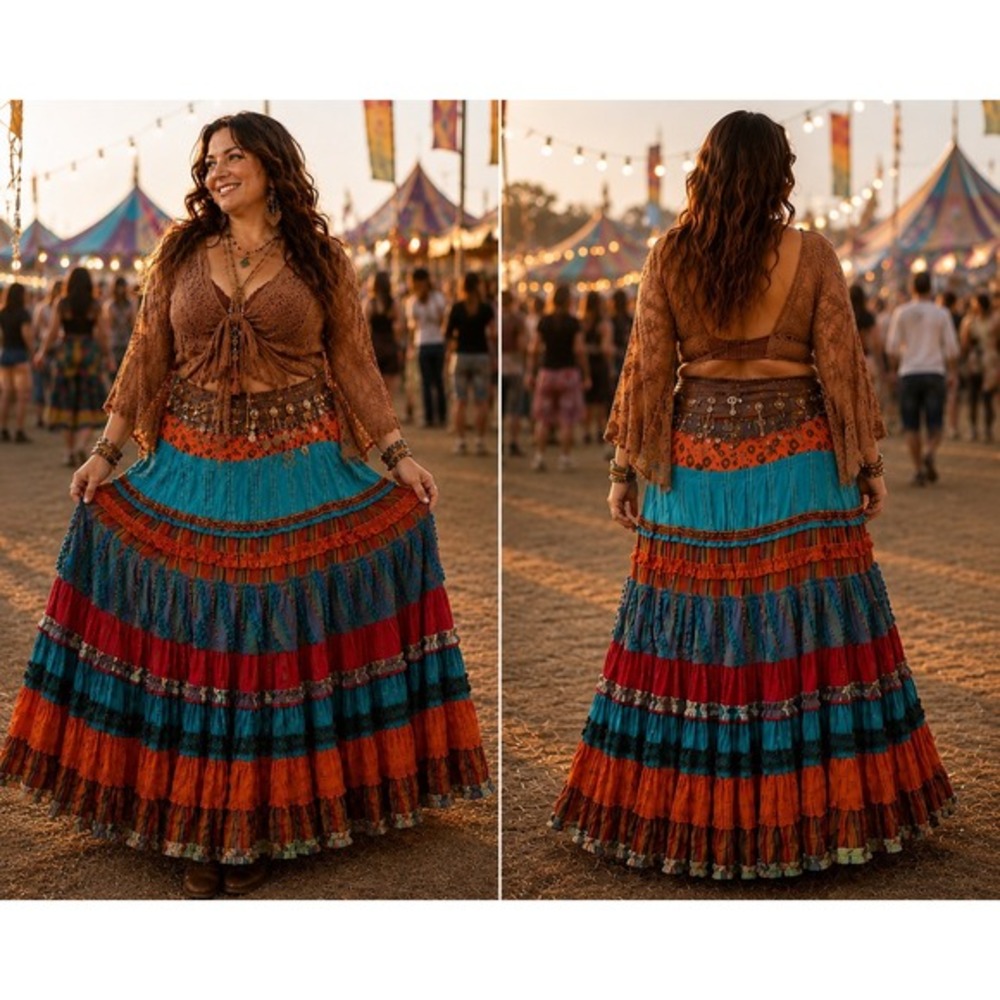 Sandy Starkman Boho‎ Tiered Patchwork Festival Maxi Skirt Plus Size  Waist 38-40